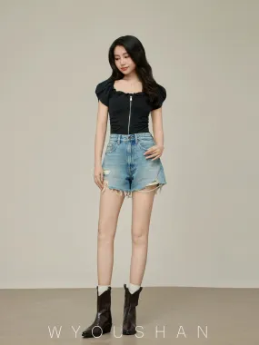 052 Wang Youshan high-waisted a-line shorts for women, loose and thin 2024 summer new wide-leg hot pants slimming jeans