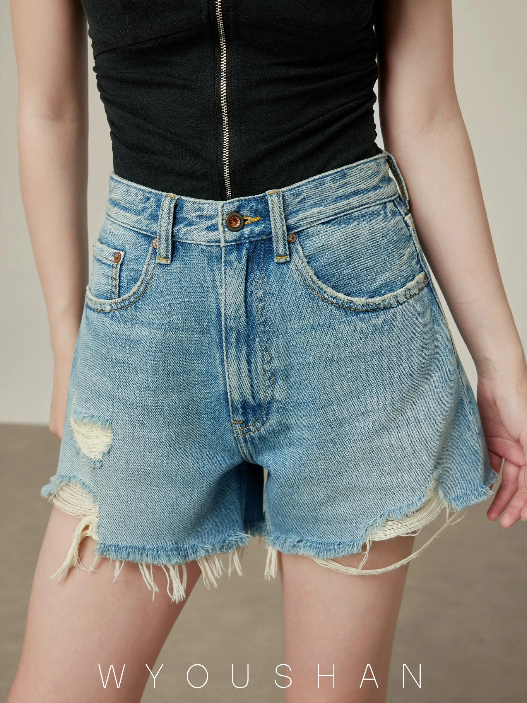 052 Wang Youshan high-waisted a-line shorts for women, loose and thin 2024 summer new wide-leg hot pants slimming jeans