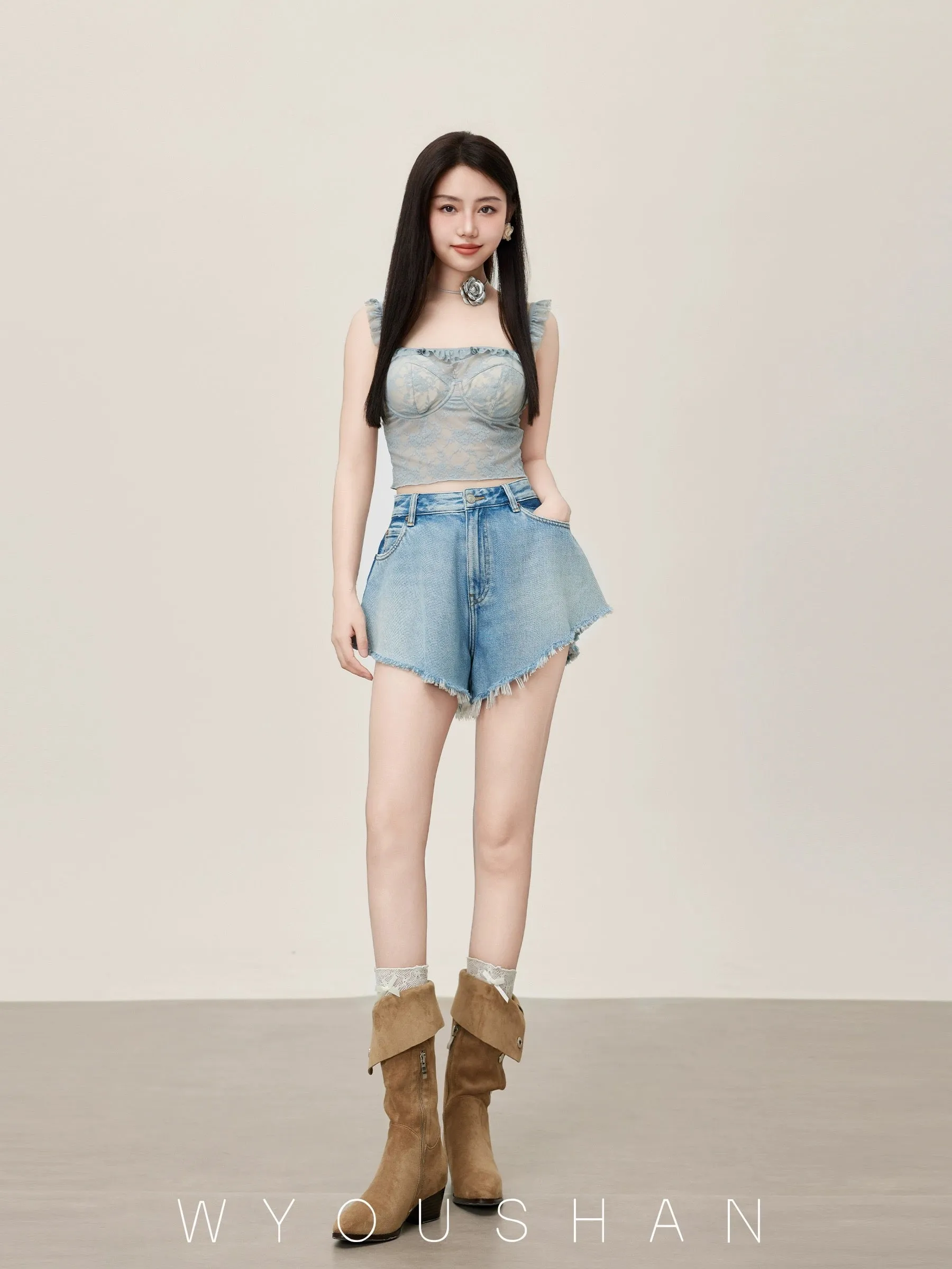 065 Wang Youshan high-waisted a-line shorts for women, loose and thin 2024 summer new wide-leg hot pants slimming jeans