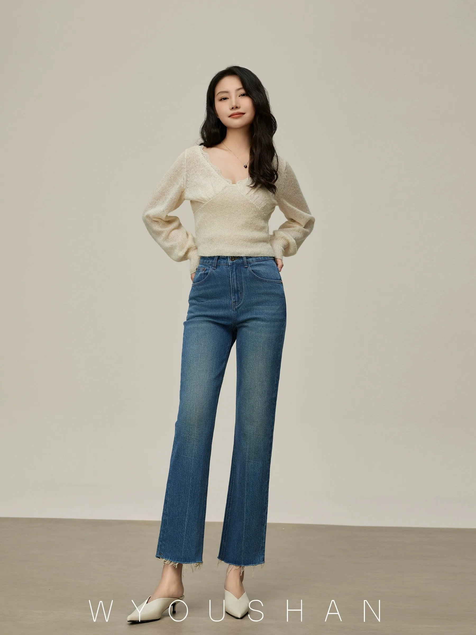 1601 Wang Youshan micro-flare jeans women's straight high waist new summer 2024 cigarette pipe pants for small people