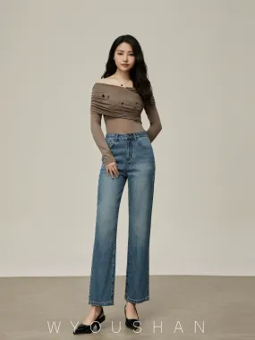 1602 Wang Youshan blue straight jeans for women high waist new summer 2024 cigarette pipe pants for small people