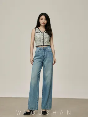 5201 Wang Youshan high waist jeans women's loose new 2024 summer straight wide leg pants for small people