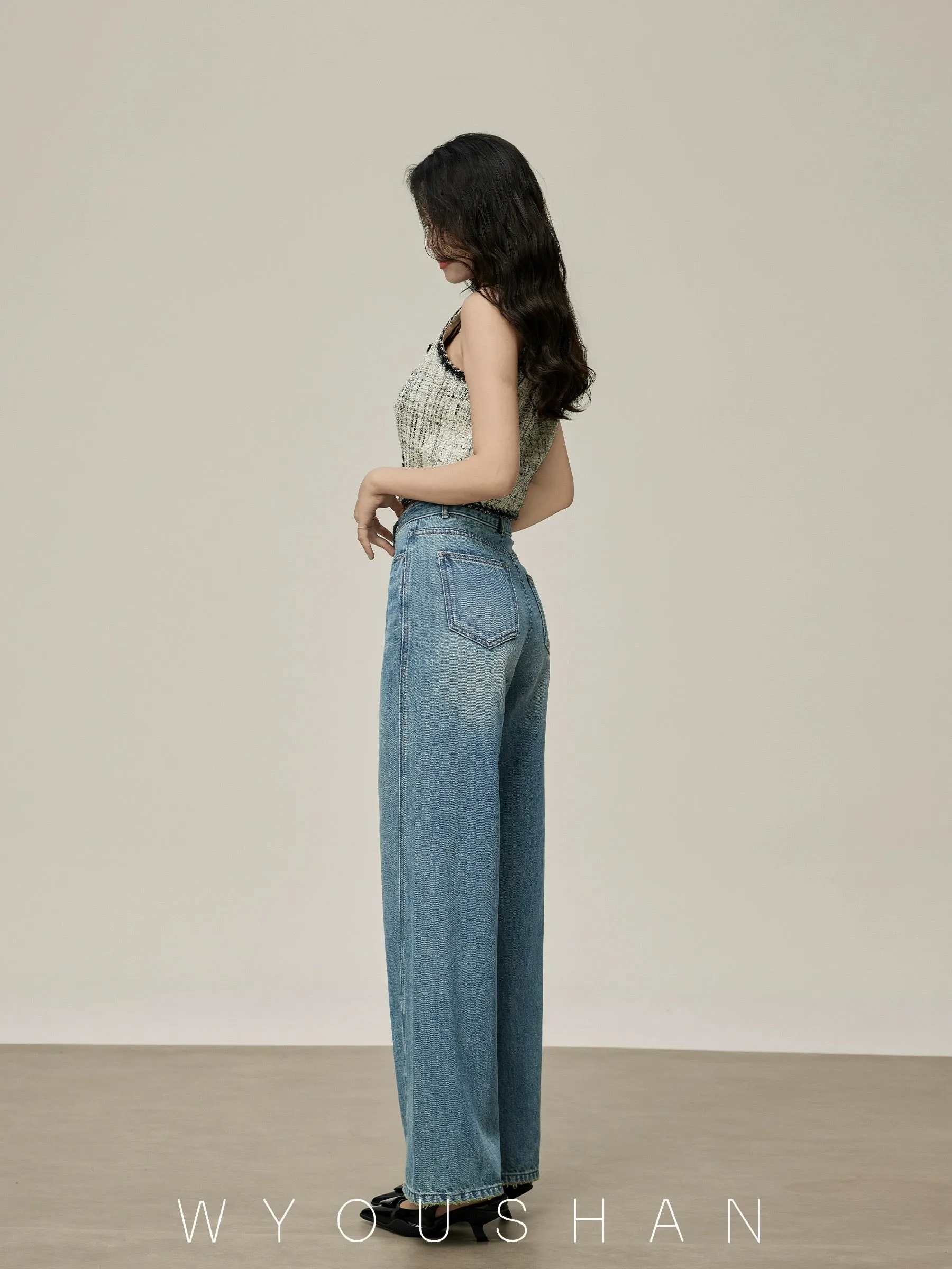 5201 Wang Youshan high waist jeans women's loose new 2024 summer straight wide leg pants for small people