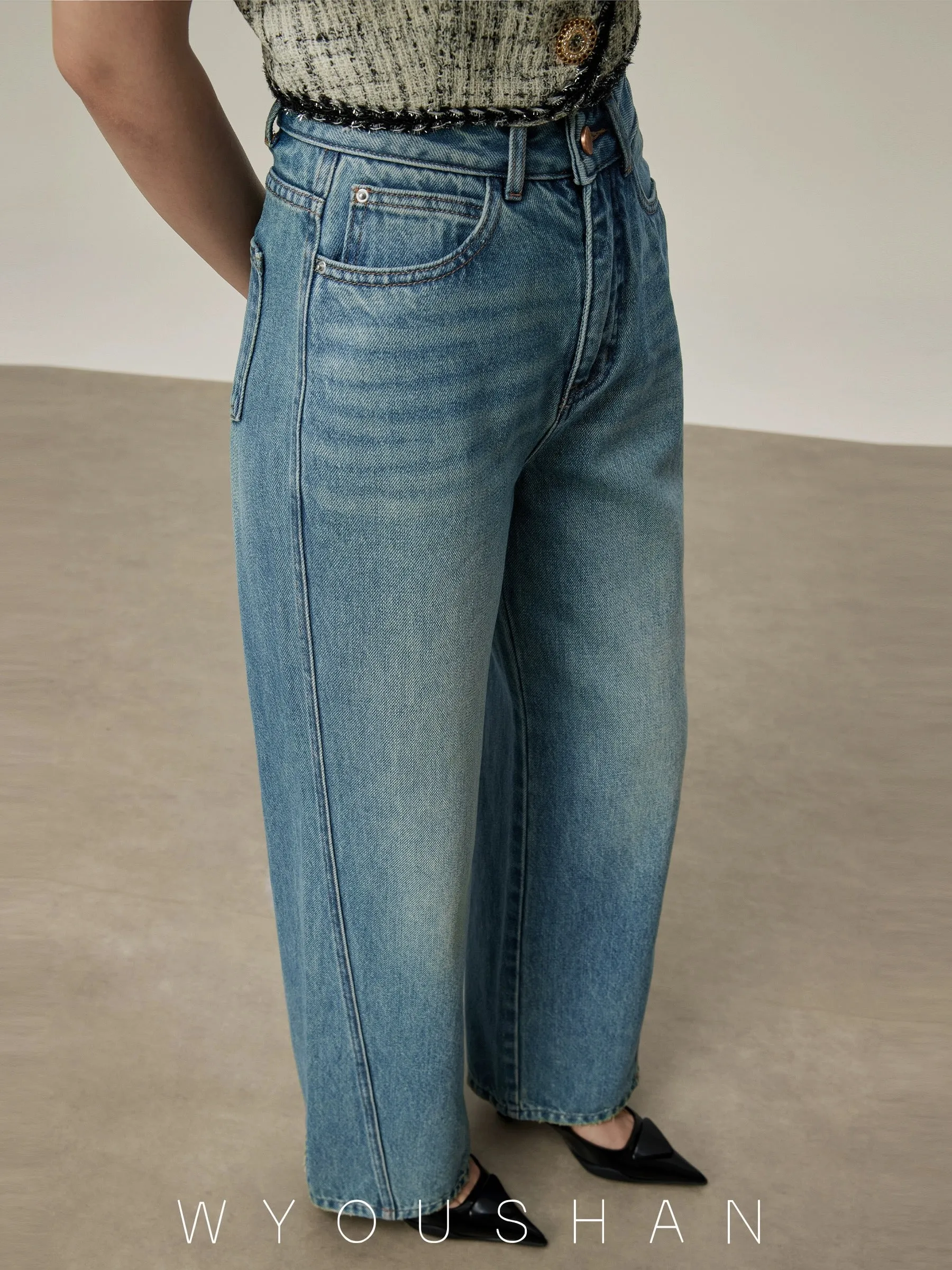 5201 Wang Youshan high waist jeans women's loose new 2024 summer straight wide leg pants for small people