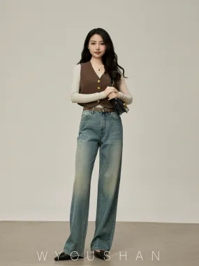 5202 Wang Youshan Retro High Waist Jeans Women's Loose New Style 2024 Summer Straight Pants Wide Leg Pants