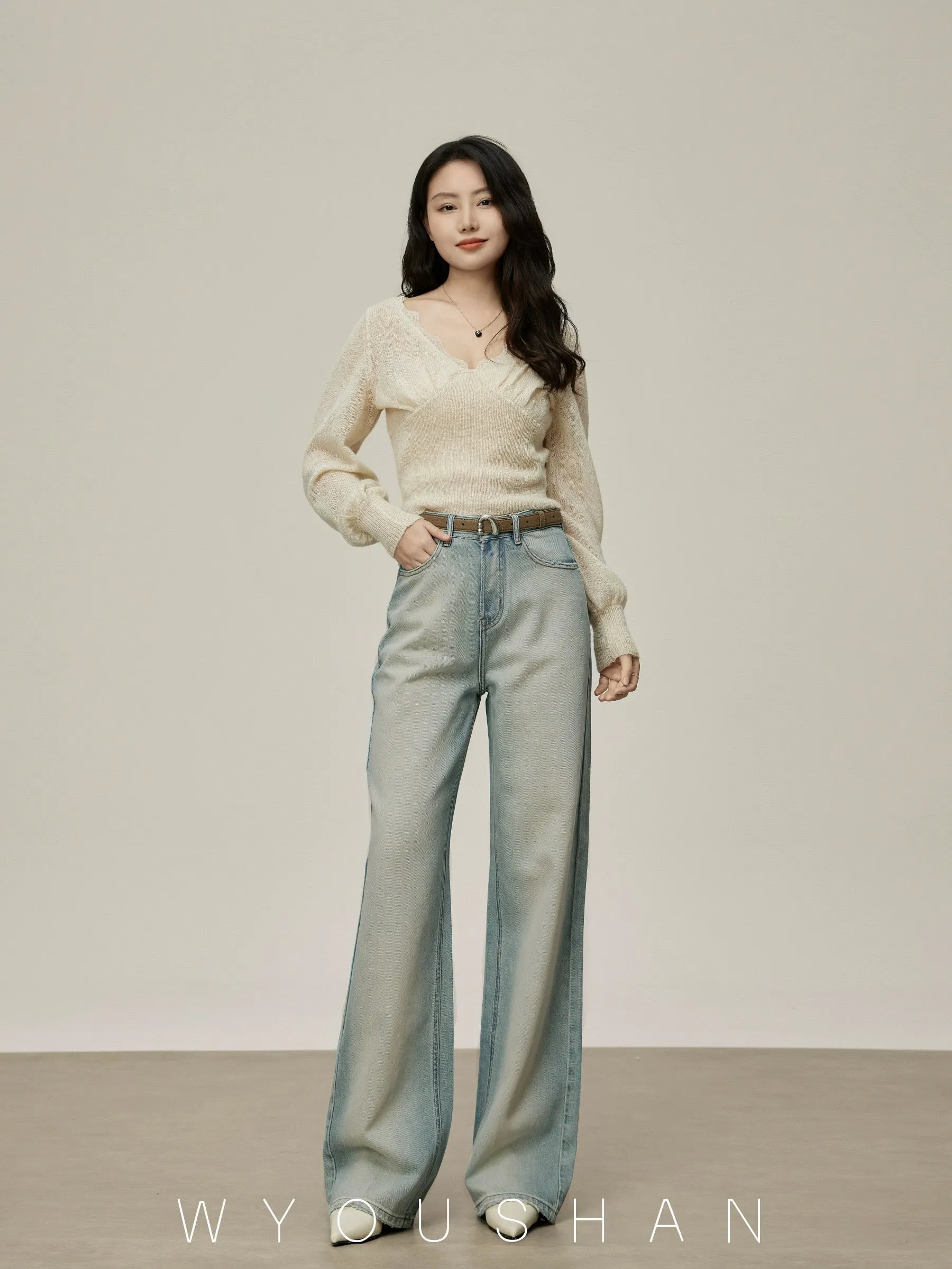 5205 Wang Youshan light color high waist jeans women's loose new 2024 summer straight trousers wide leg pants