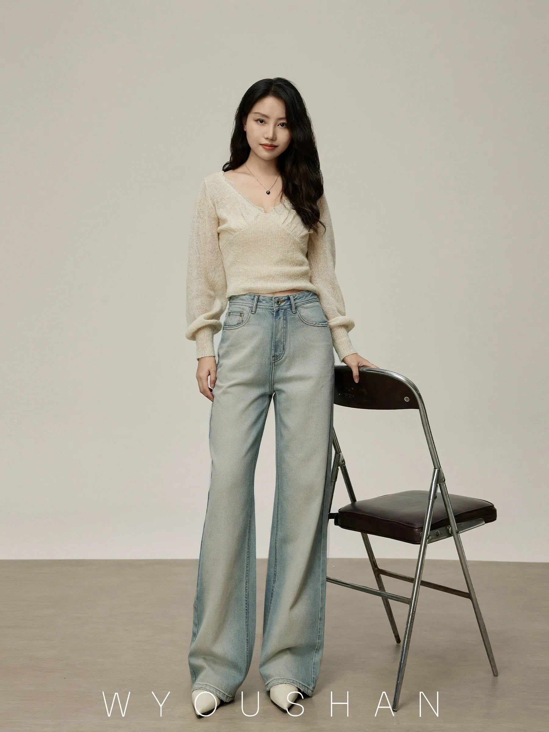 5205 Wang Youshan light color high waist jeans women's loose new 2024 summer straight trousers wide leg pants