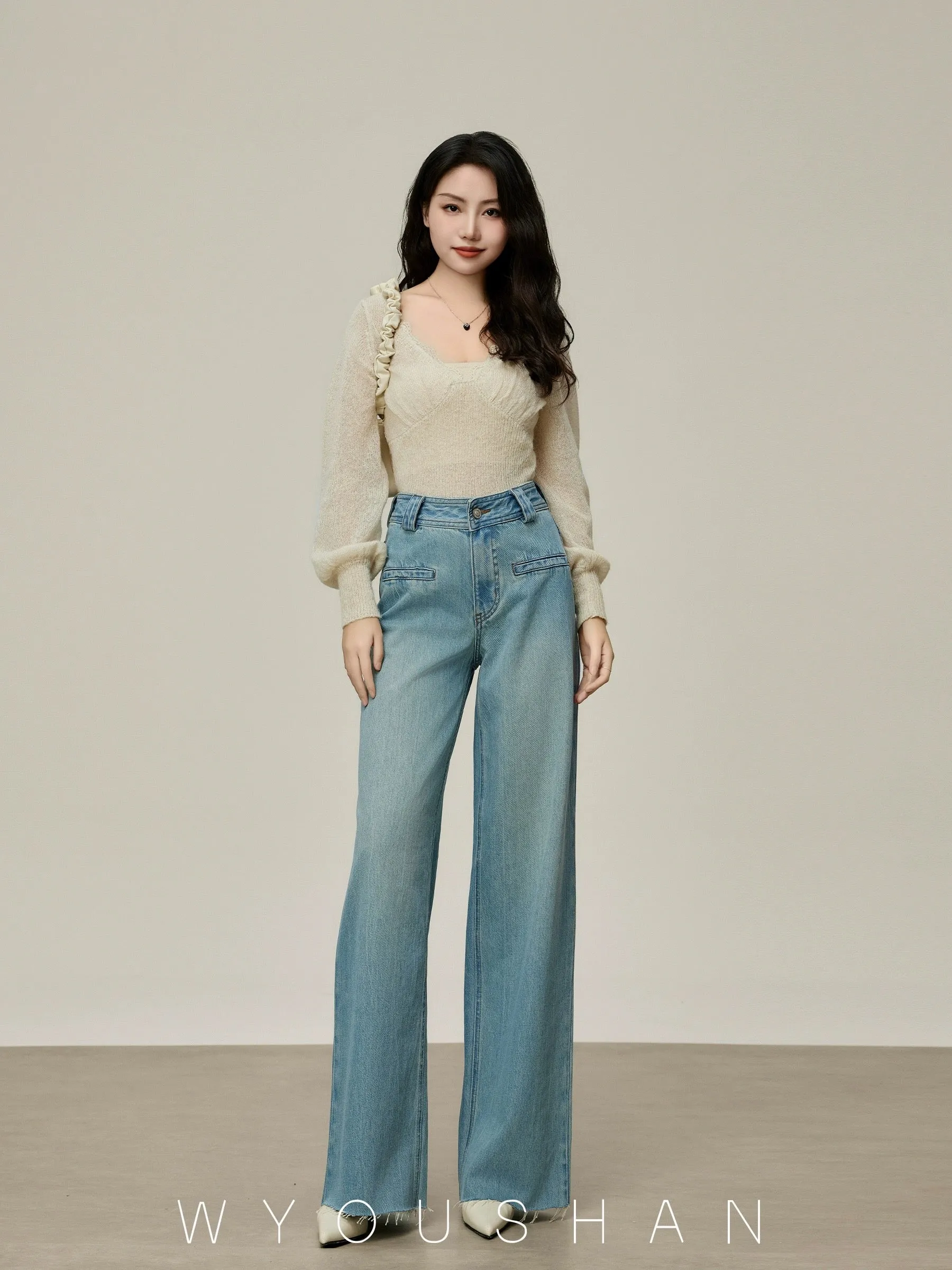 5206 Wang Youshan wide leg jeans women's high waist new 2024 summer straight trousers slimming loose pants