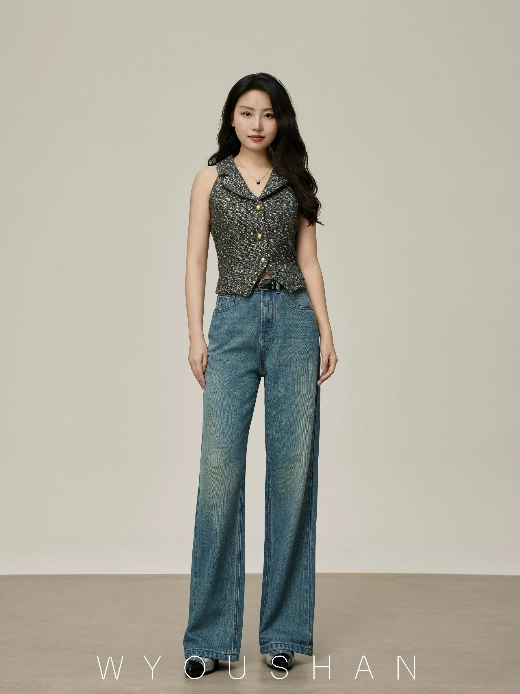 5208 Wang Youshan wide leg jeans women's high waist new 2024 summer straight trousers slimming loose pants