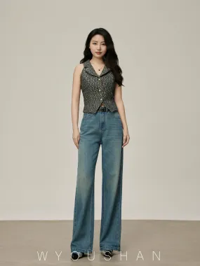 5208 Wang Youshan wide leg jeans women's high waist new 2024 summer straight trousers slimming loose pants