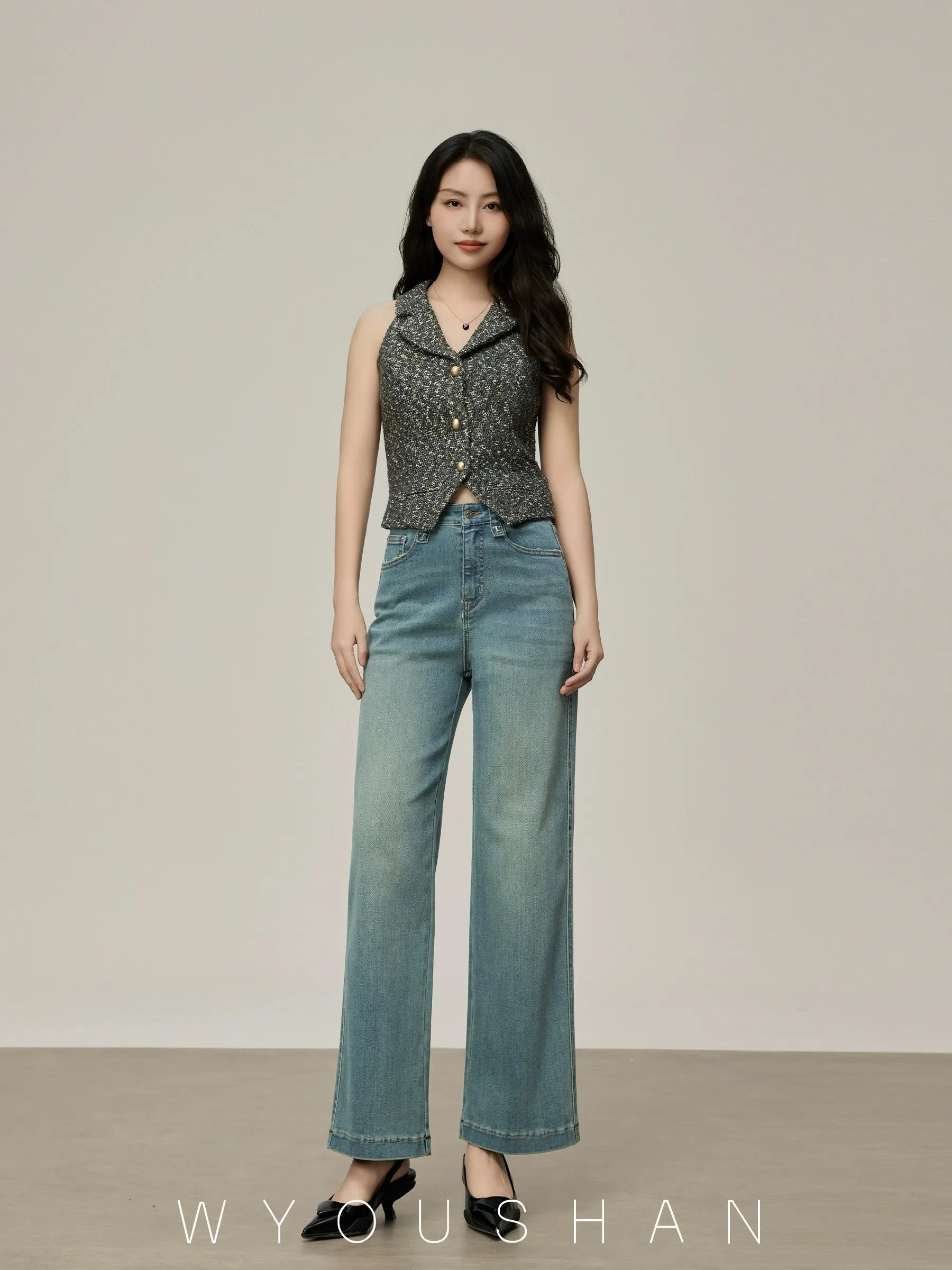 5209 Wang Youshan wide leg jeans women's high waist new style 2024 summer straight trousers loose slightly flared trousers