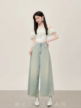 5301 Wang Youshan high waist jeans women's loose new style 2024 summer flared wide leg pants for small people