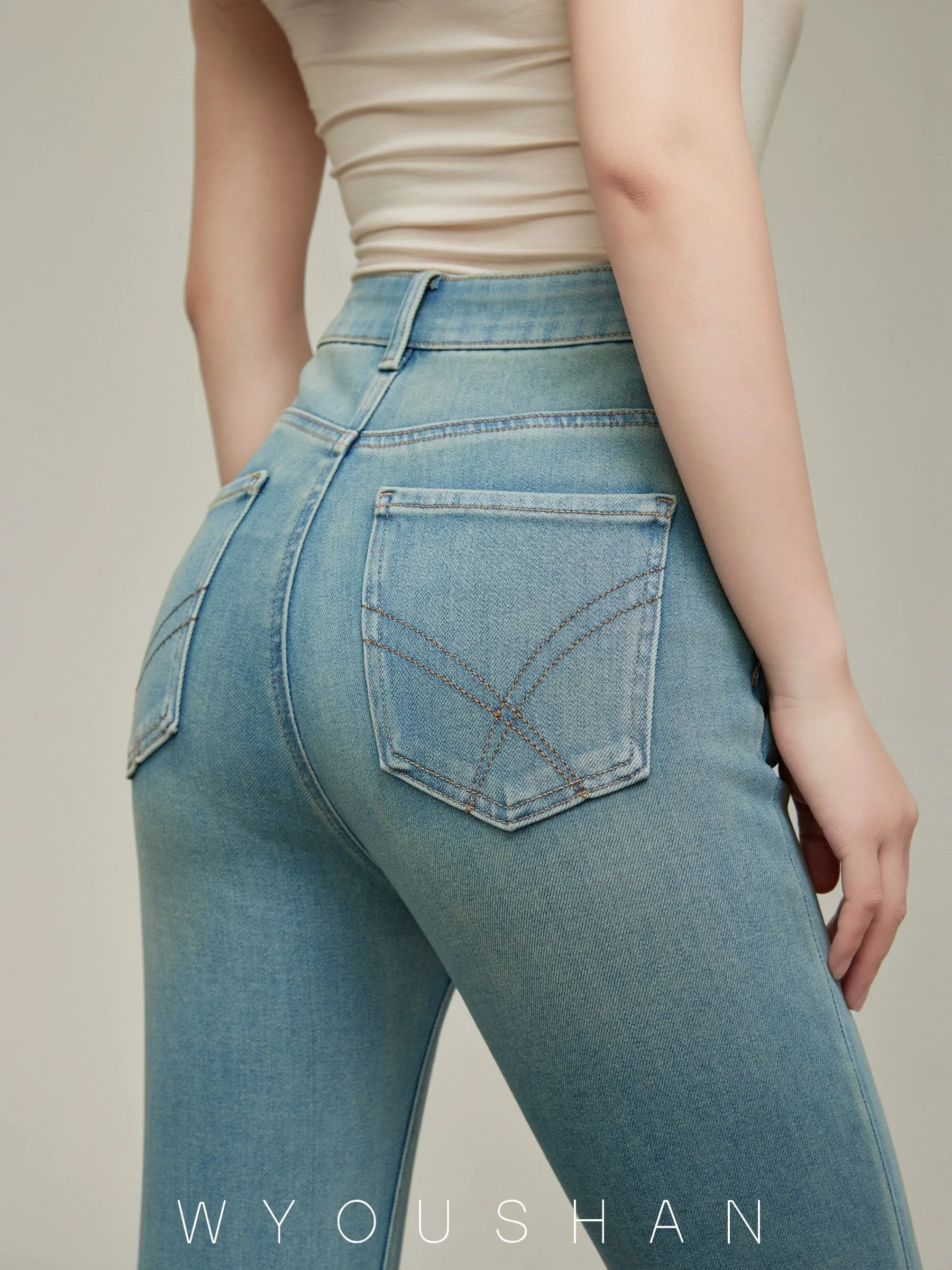 9109 Wang Youshan micro-flared jeans for women high waist new summer 2024 small people flared pants light color