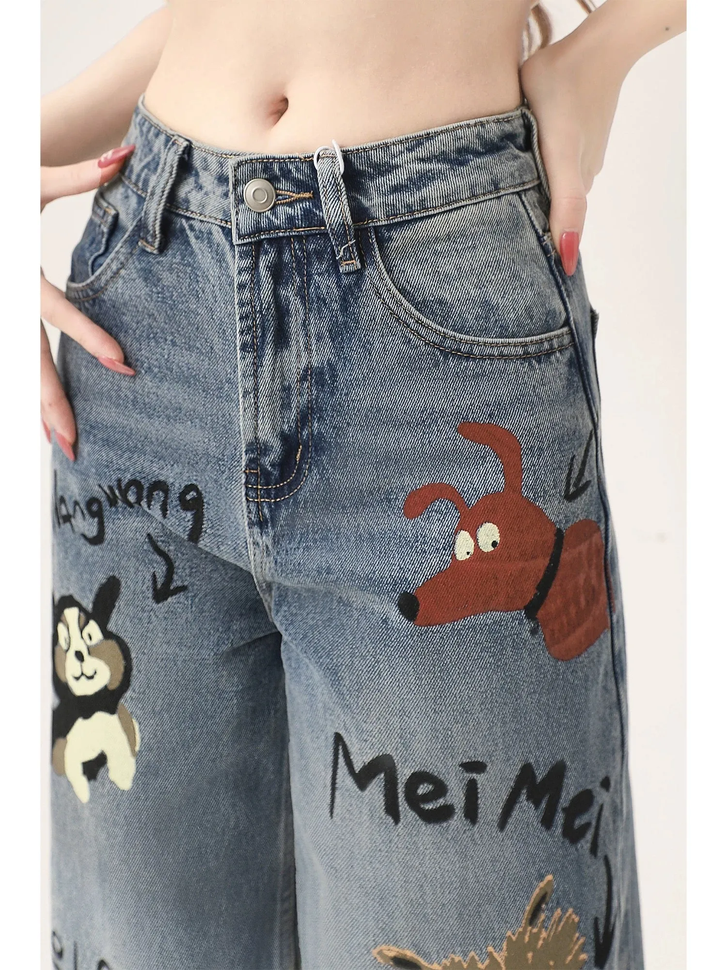 American Cartoon Graffiti High Waist Jeans Women's Spring and Autumn 2024 New Printed Loose Straight Wide Leg Long Pants