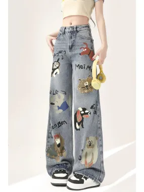 American Cartoon Graffiti High Waist Jeans Women's Spring and Autumn 2024 New Printed Loose Straight Wide Leg Long Pants