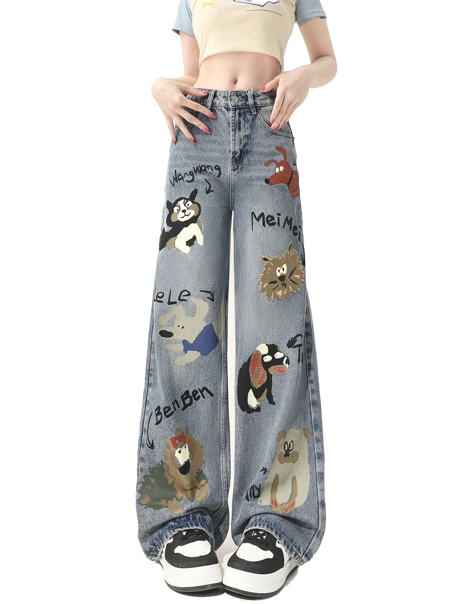 American Cartoon Graffiti High Waist Jeans Women's Spring and Autumn 2024 New Printed Loose Straight Wide Leg Long Pants