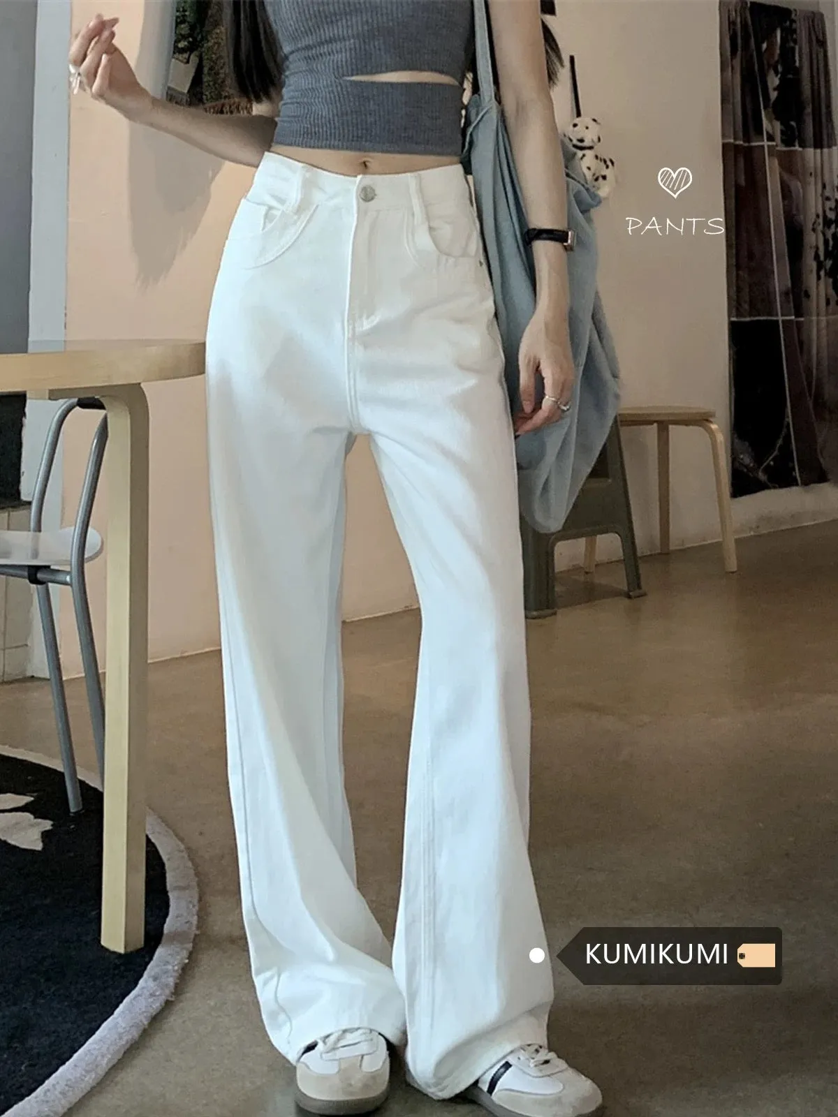 American retro high-waisted washed wide-leg trousers white jeans women's summer loose floor-length straight pants