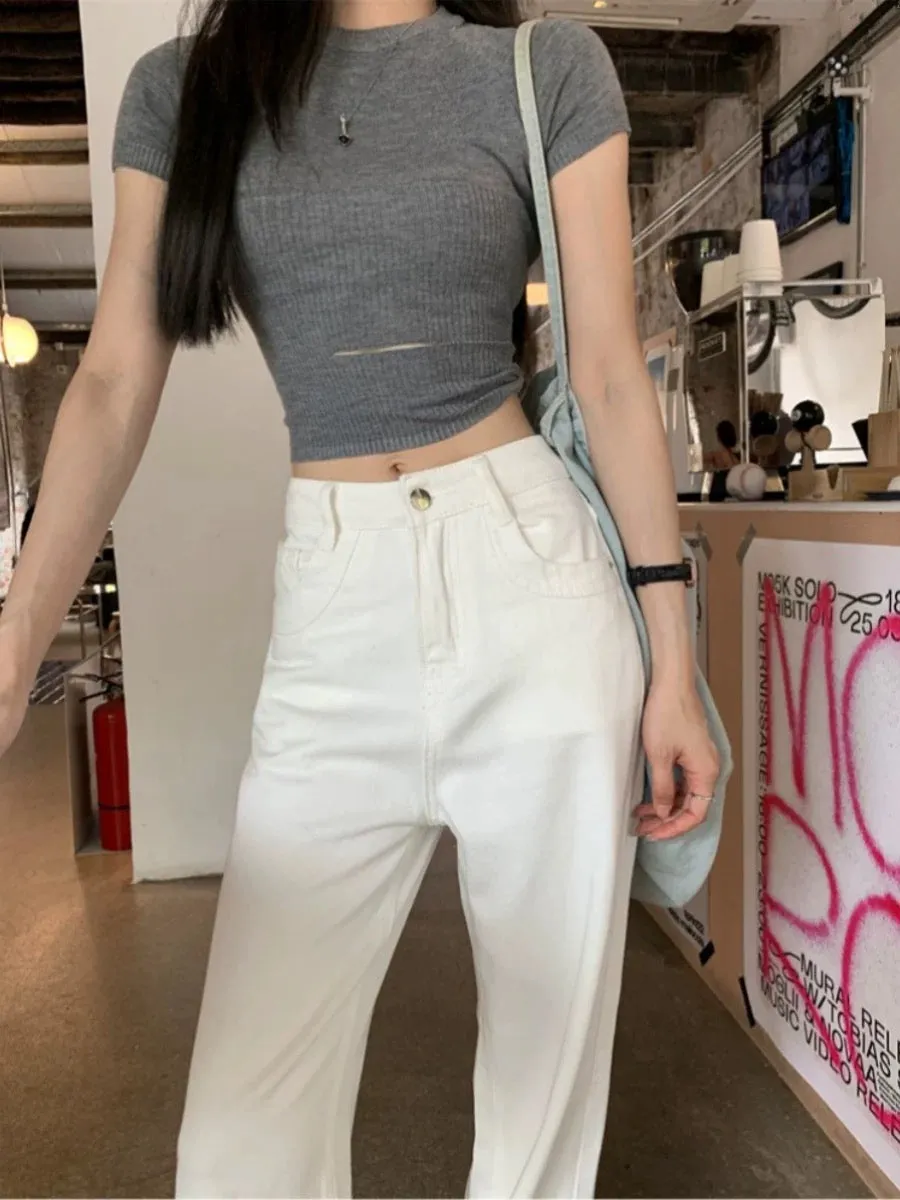 American retro high-waisted washed wide-leg trousers white jeans women's summer loose floor-length straight pants