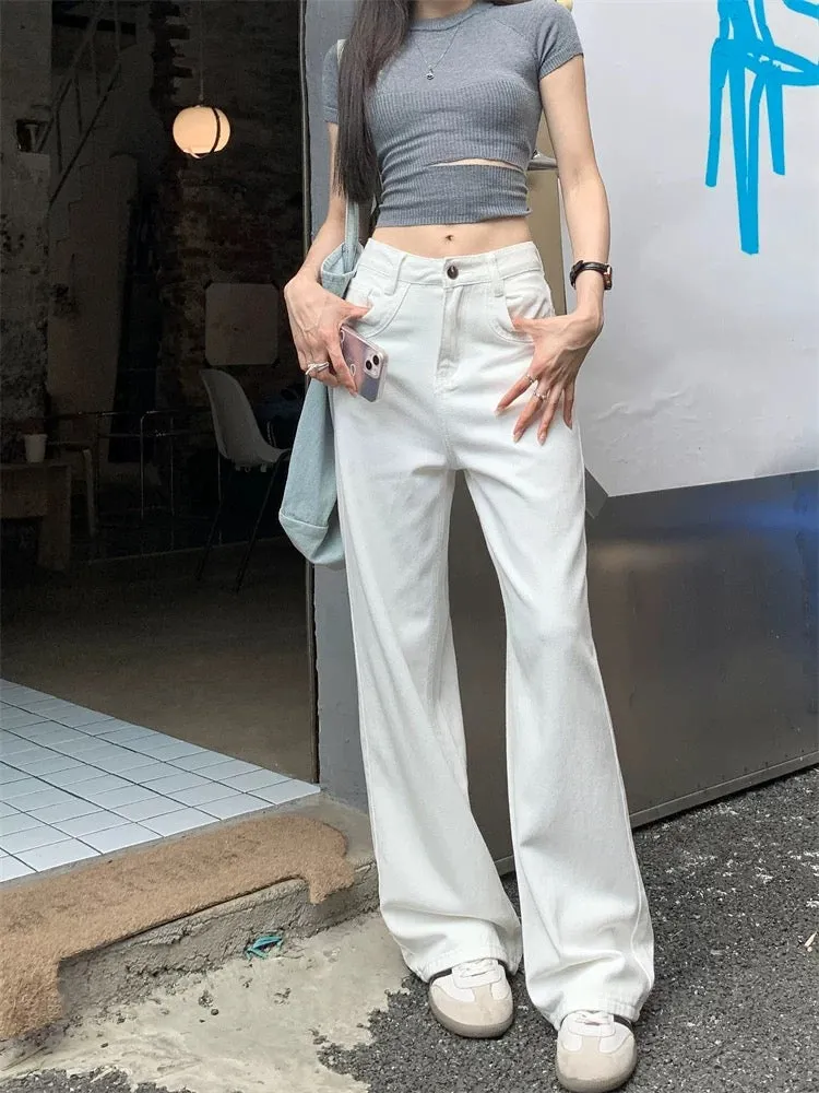 American retro high-waisted washed wide-leg trousers white jeans women's summer loose floor-length straight pants