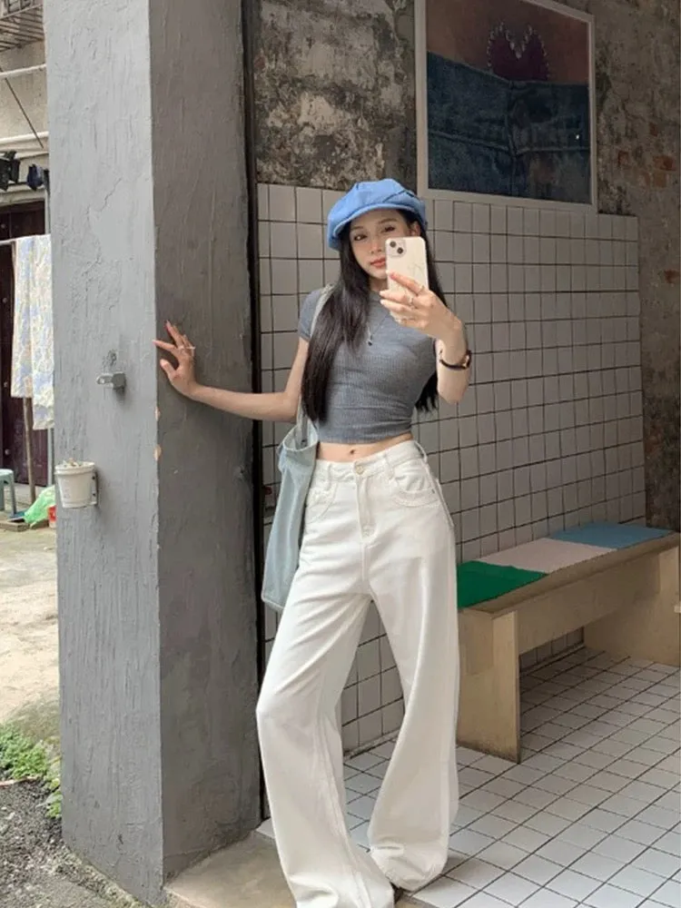 American retro high-waisted washed wide-leg trousers white jeans women's summer loose floor-length straight pants