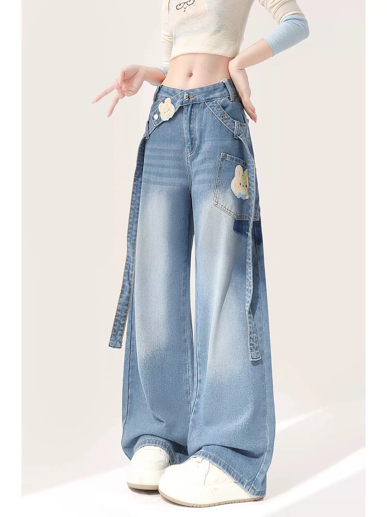 American wide-leg jeans for women 2024 summer new design small workwear high-waisted loose straight pants