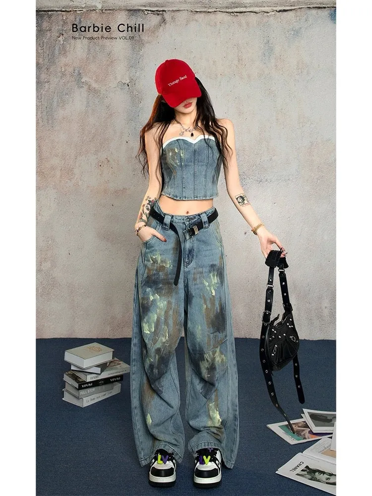 Aunt Barbie Hot Girl Denim Suit Female Summer Cool Sassy Sister Tube Top Casual Graffiti Jeans Two-piece Set