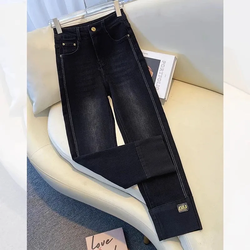 Black cigarette pants jeans for women summer 2024 new retro slim cuffed small nine-point straight pants