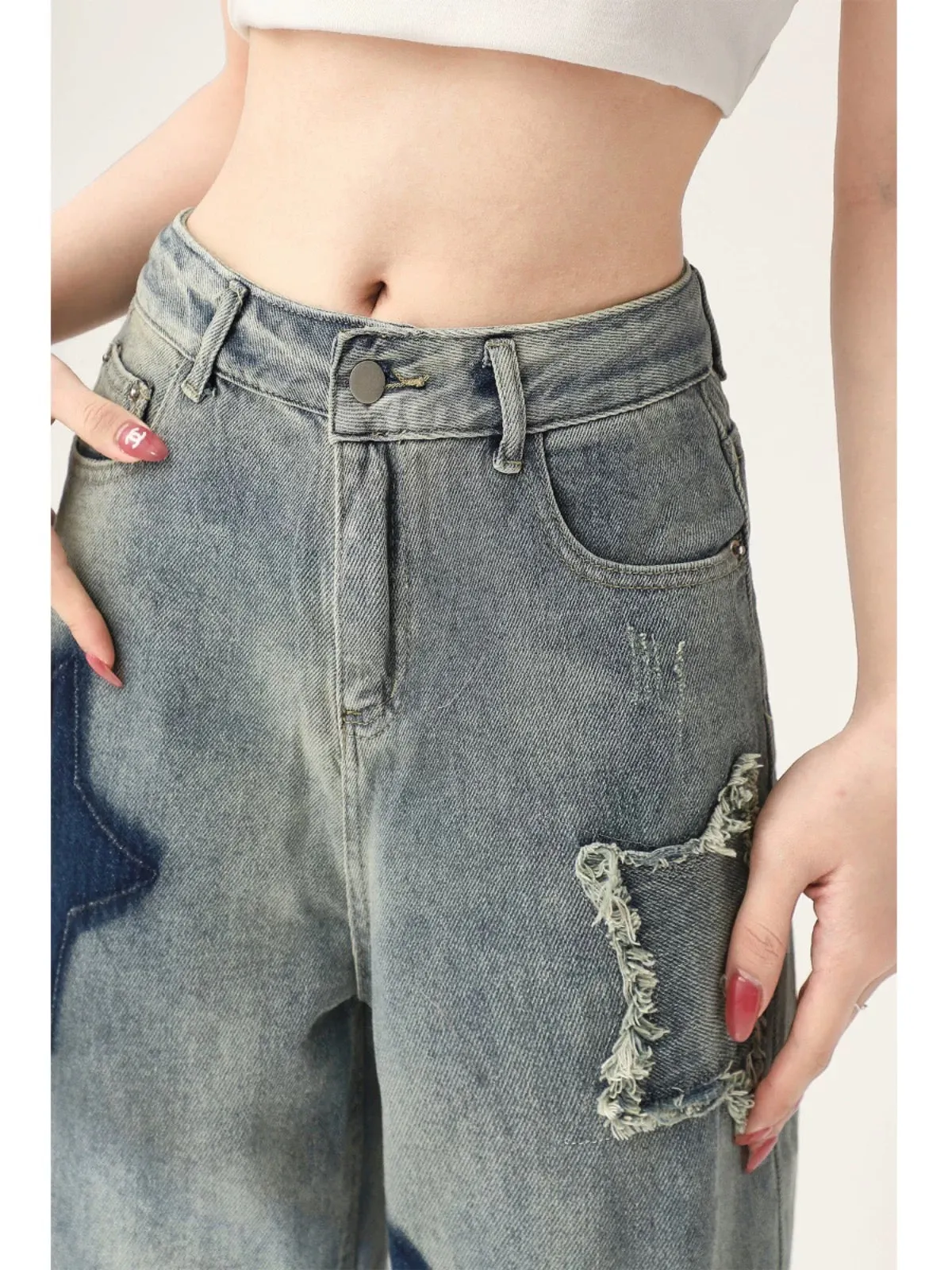 (Bn sao) Black Graffiti American Jeans Summer 2024 New Women's Design Loose Straight High Waisted Wide Leg Pants