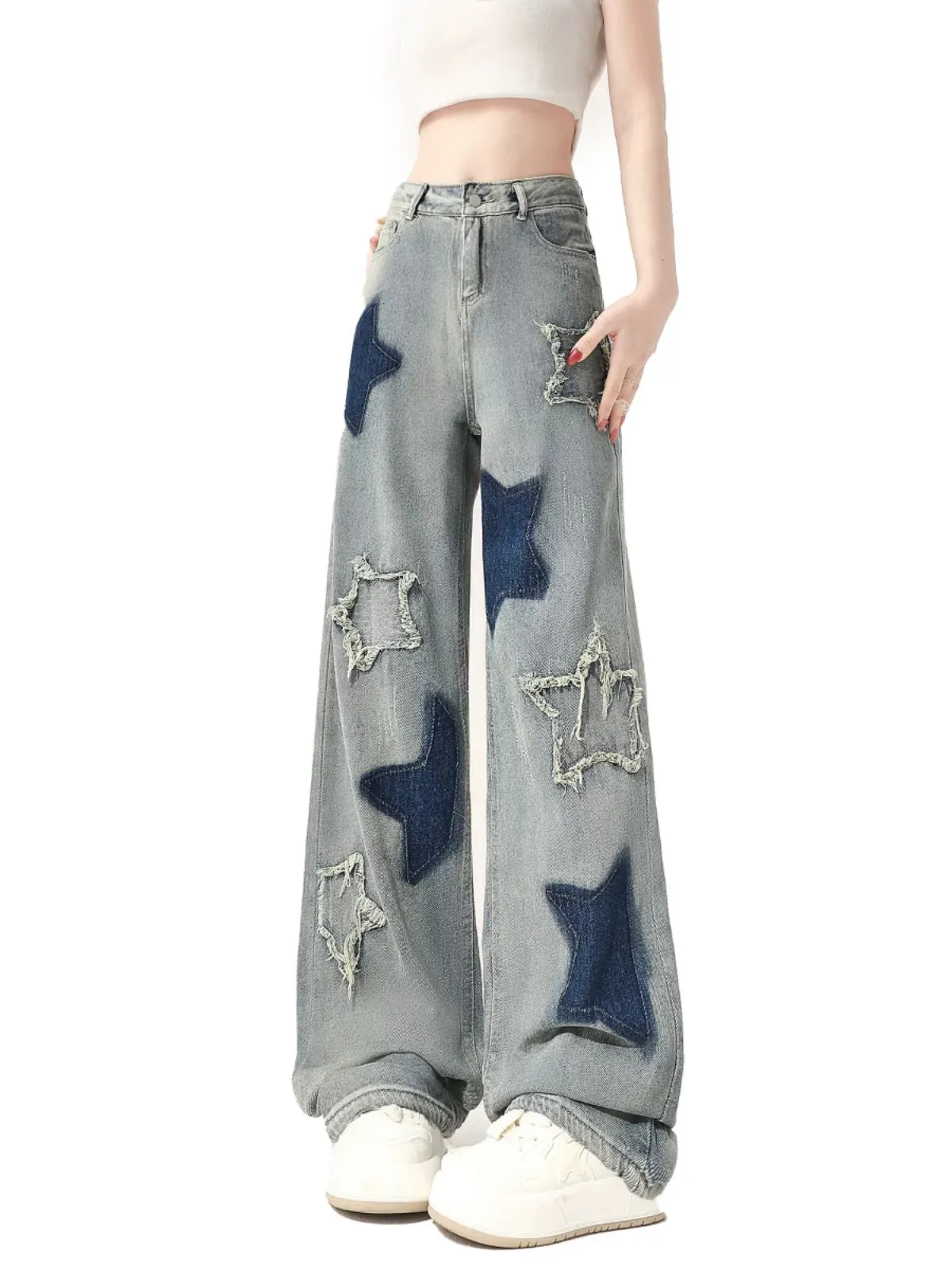 (Bn sao) Black Graffiti American Jeans Summer 2024 New Women's Design Loose Straight High Waisted Wide Leg Pants