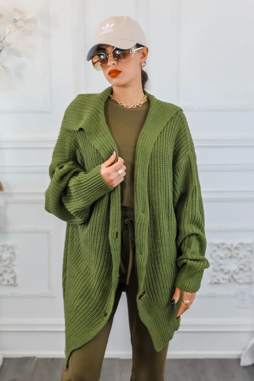 Collar Button Closure Oversized Cardigan