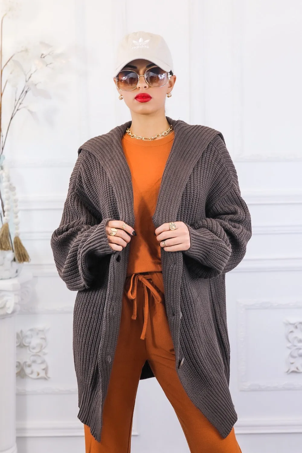 Collar Button Closure Oversized Cardigan