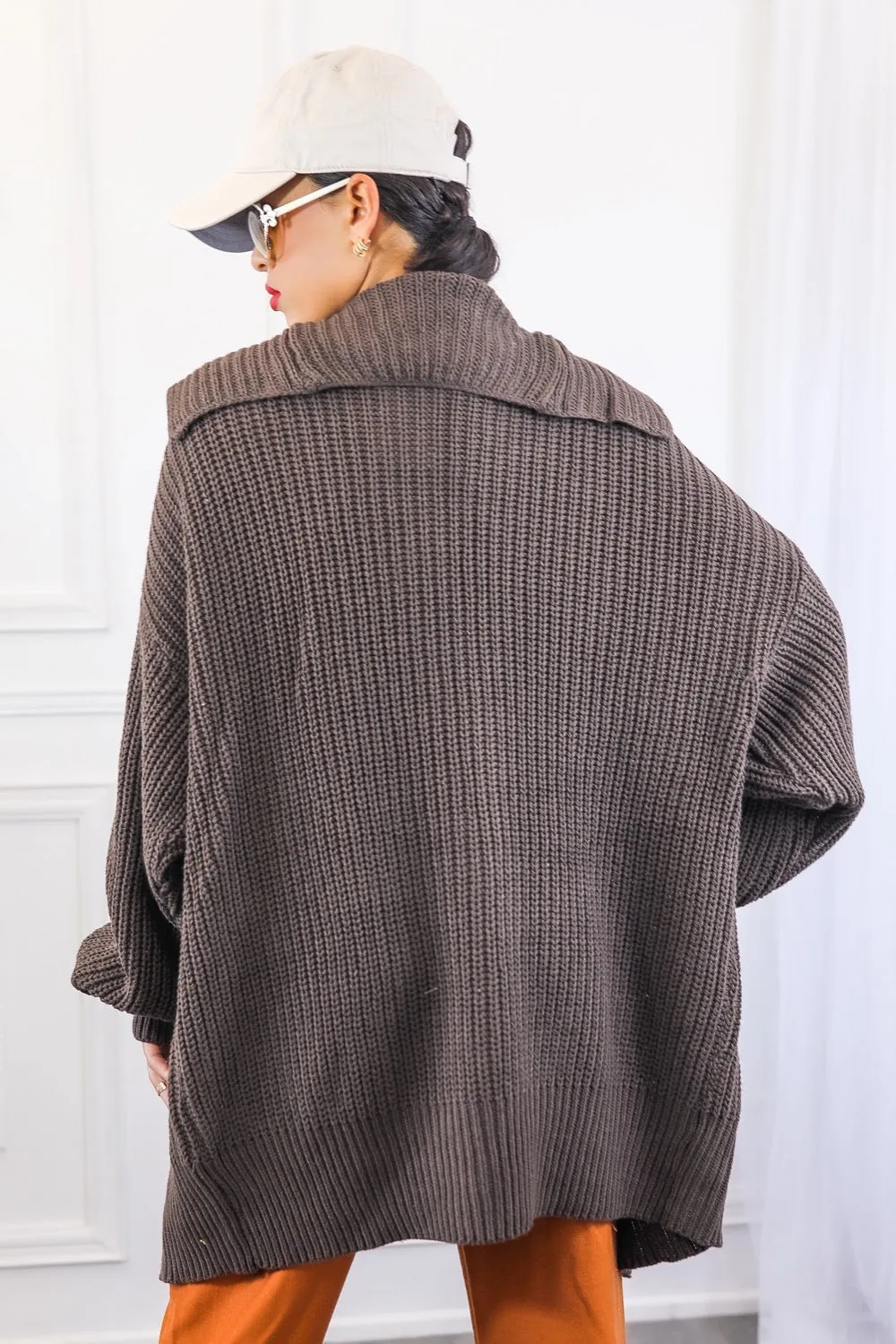 Collar Button Closure Oversized Cardigan