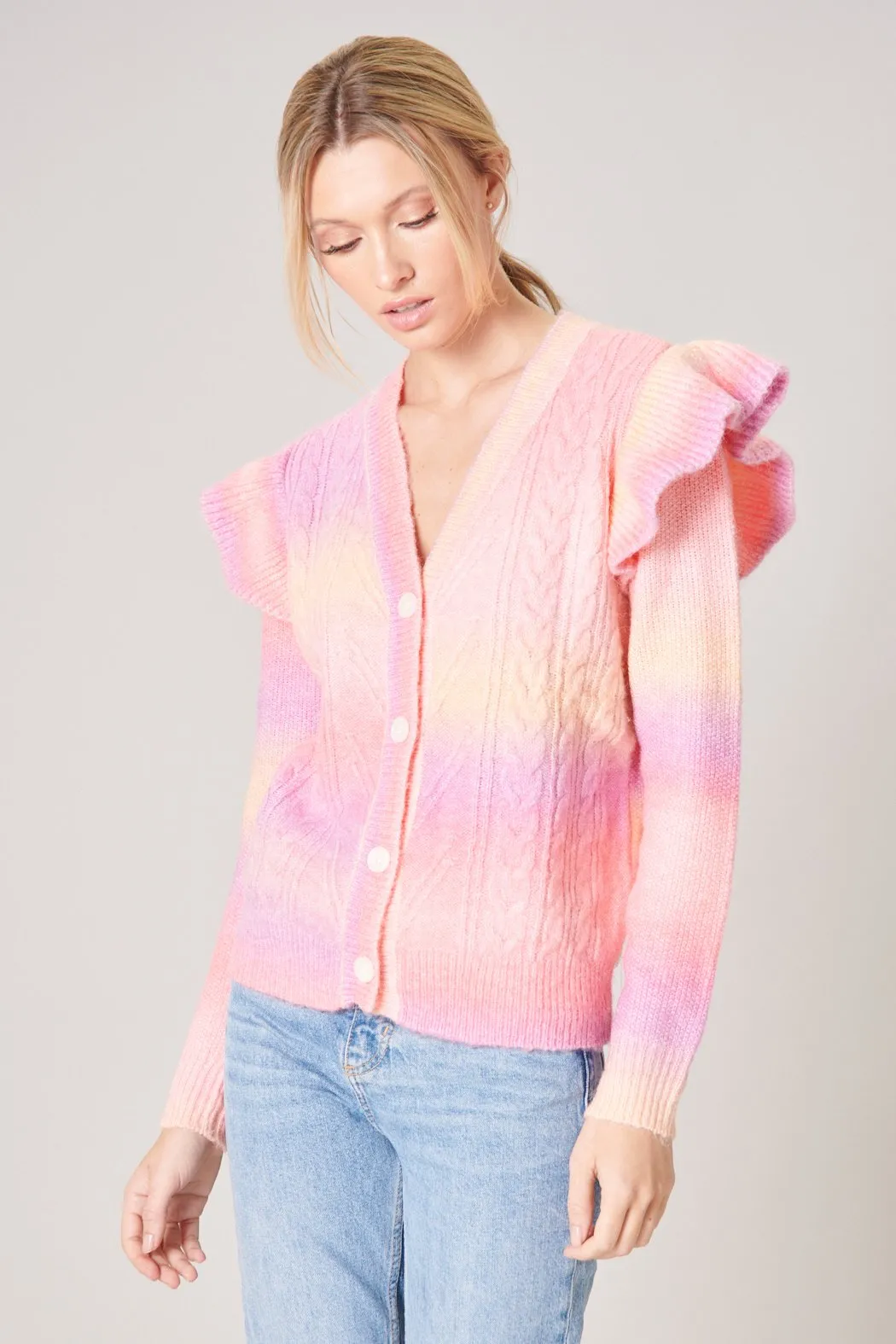 Cotton Candy Skies Ruffle Cable Knit Cardigan