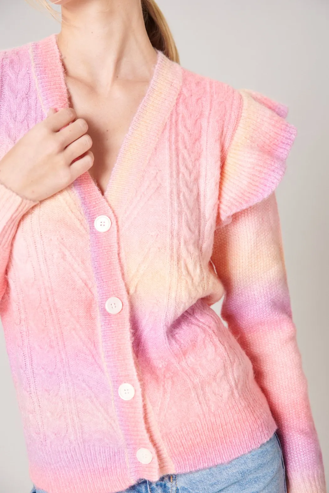 Cotton Candy Skies Ruffle Cable Knit Cardigan