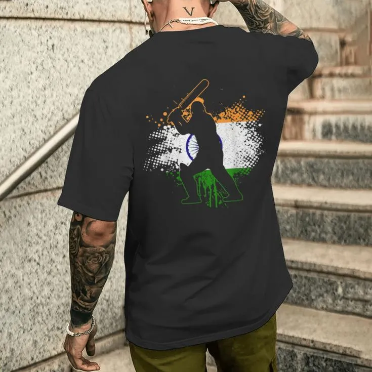 Cricket Player Indian Flag Vintage Cricket India Men's T-shirt Back Print