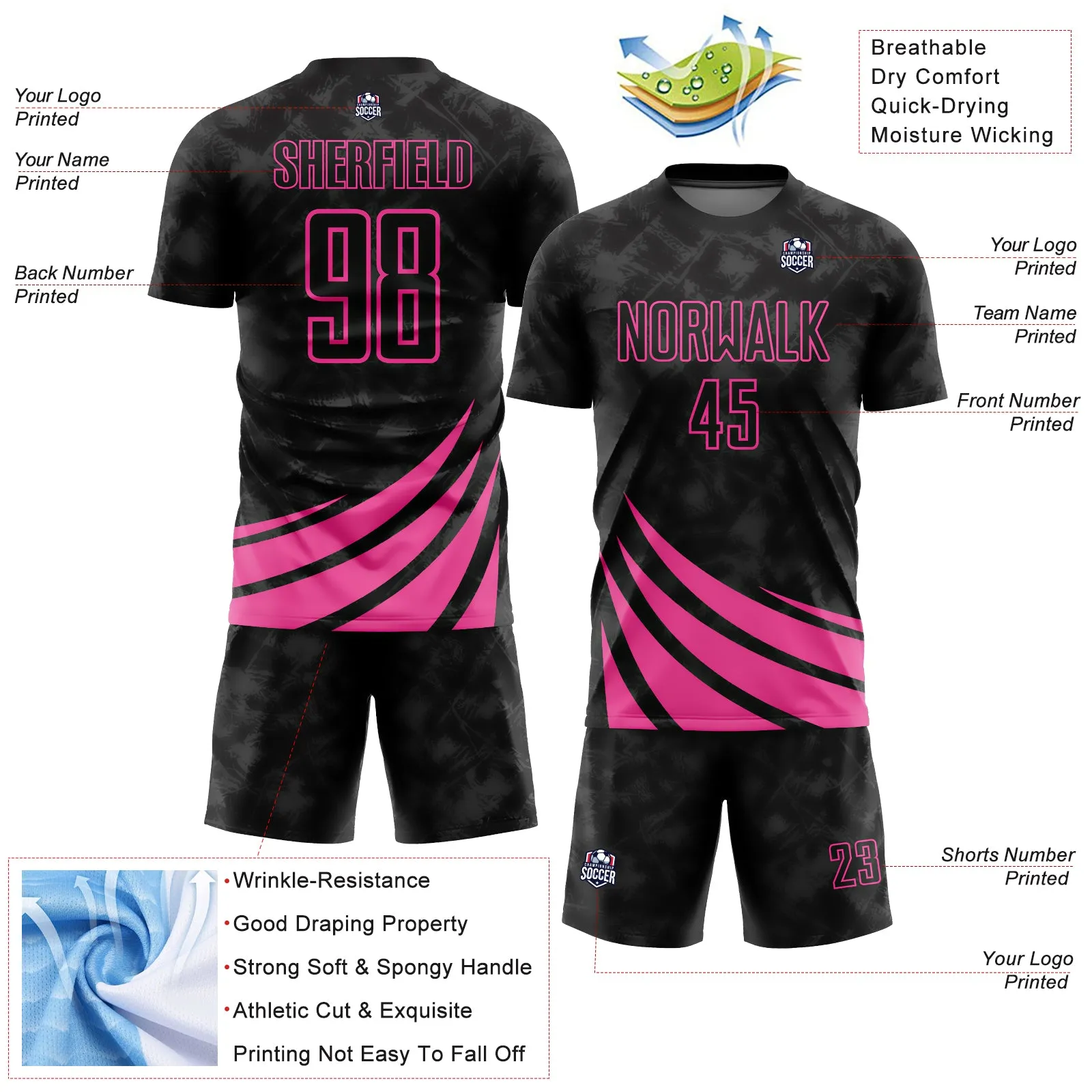 Custom Black Pink Wind Shapes Sublimation Soccer Uniform Jersey