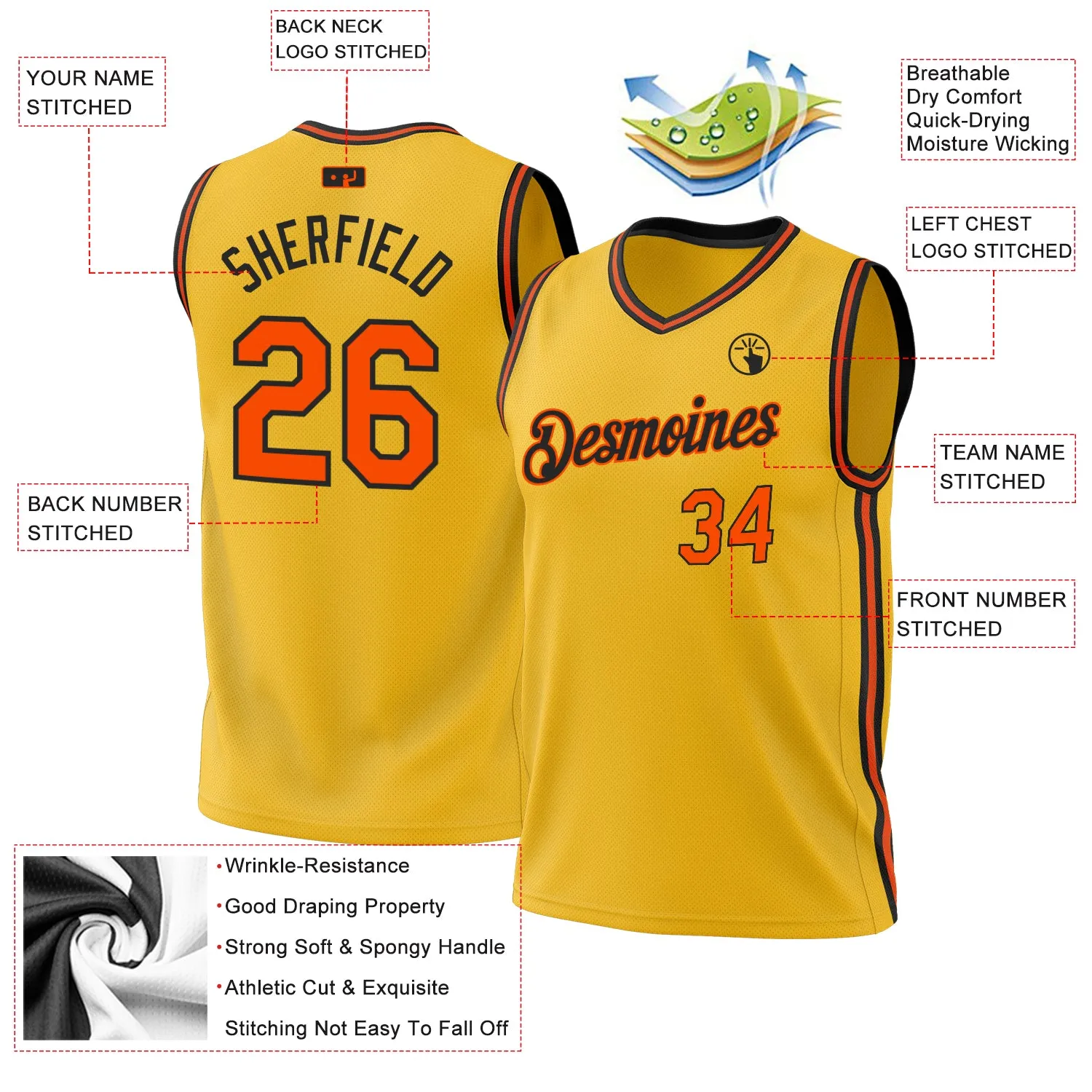 Custom Gold Orange-Black Authentic Throwback Basketball Jersey