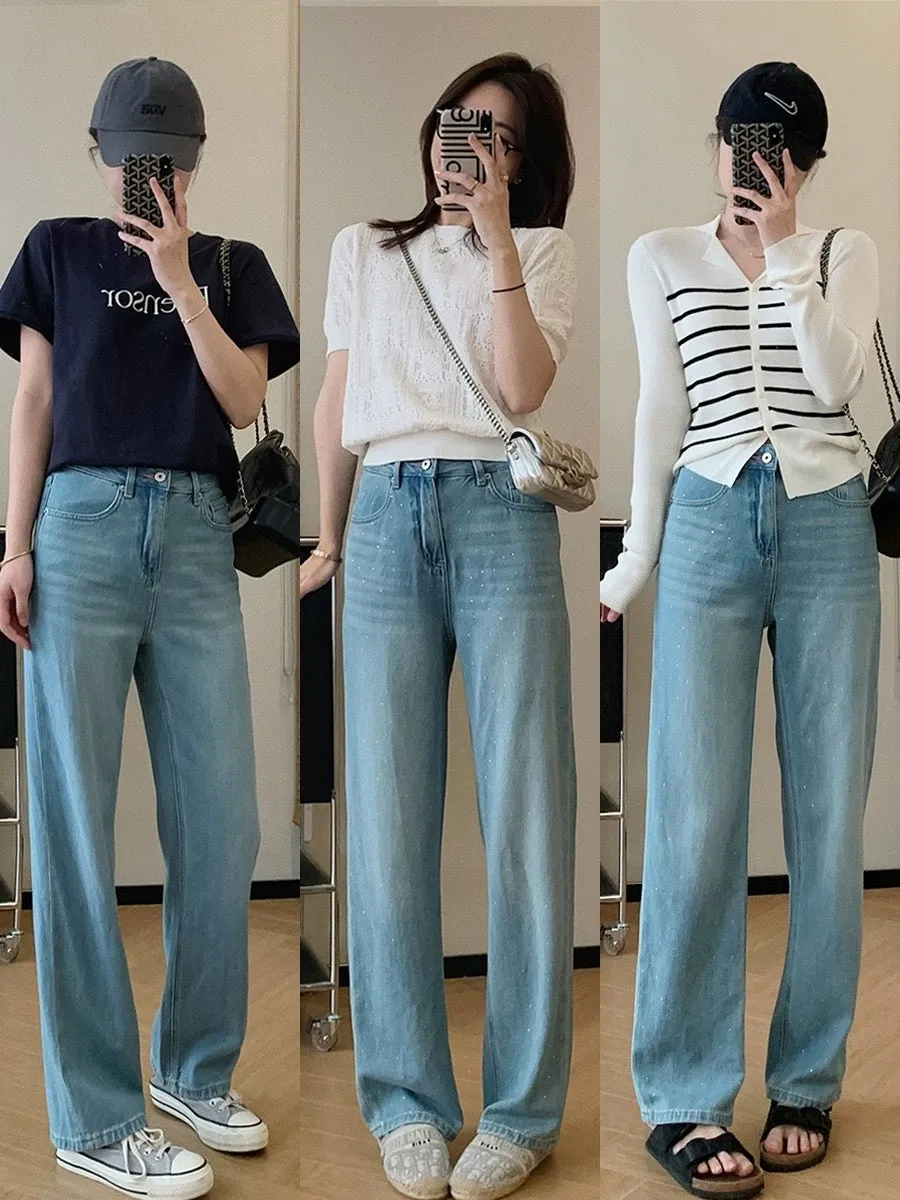 Dading homemade sea salt hot diamond! Light color lyocell handmade white wide leg pants for women spring and summer high waist j