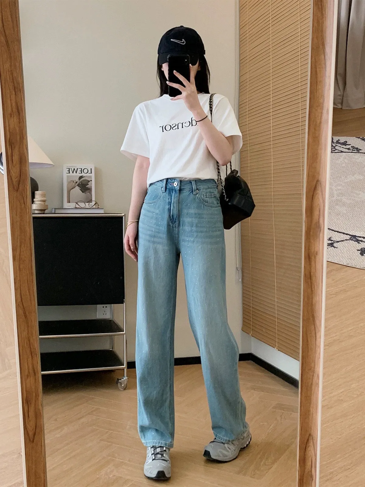 Dading homemade sea salt hot diamond! Light color lyocell handmade white wide leg pants for women spring and summer high waist j