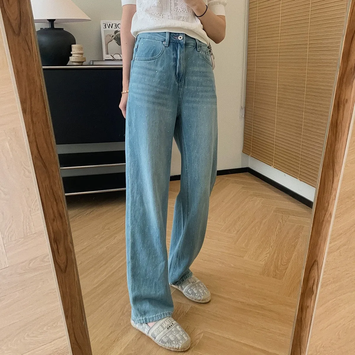 Dading homemade sea salt hot diamond! Light color lyocell handmade white wide leg pants for women spring and summer high waist j