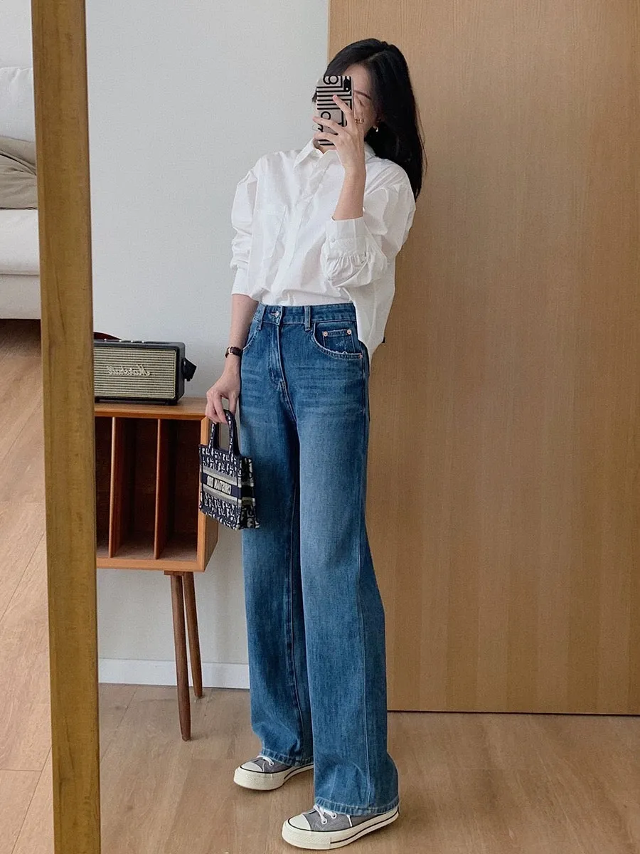 Dading's homemade boutique series! High-waisted tall and slim straight-leg jeans for women in spring and autumn, versatile drape