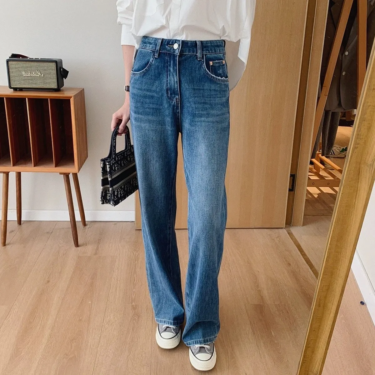 Dading's homemade boutique series! High-waisted tall and slim straight-leg jeans for women in spring and autumn, versatile drape