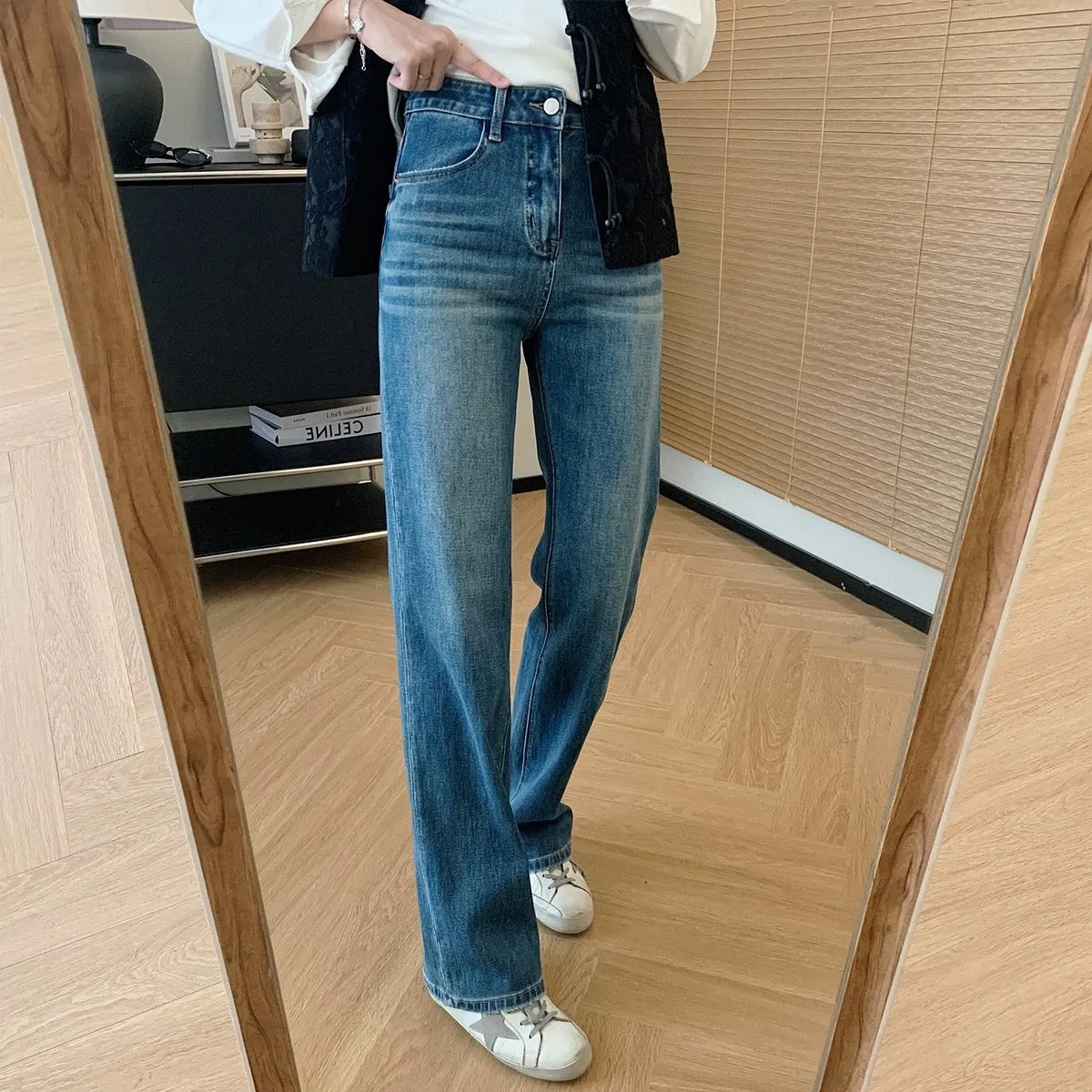 Dading's homemade boutique series! High-waisted tall and slim straight-leg jeans for women in spring and autumn, versatile drape