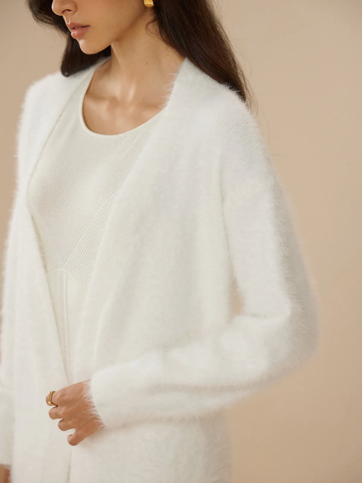 Elegant Fuzzy Plain Belted Cardigan