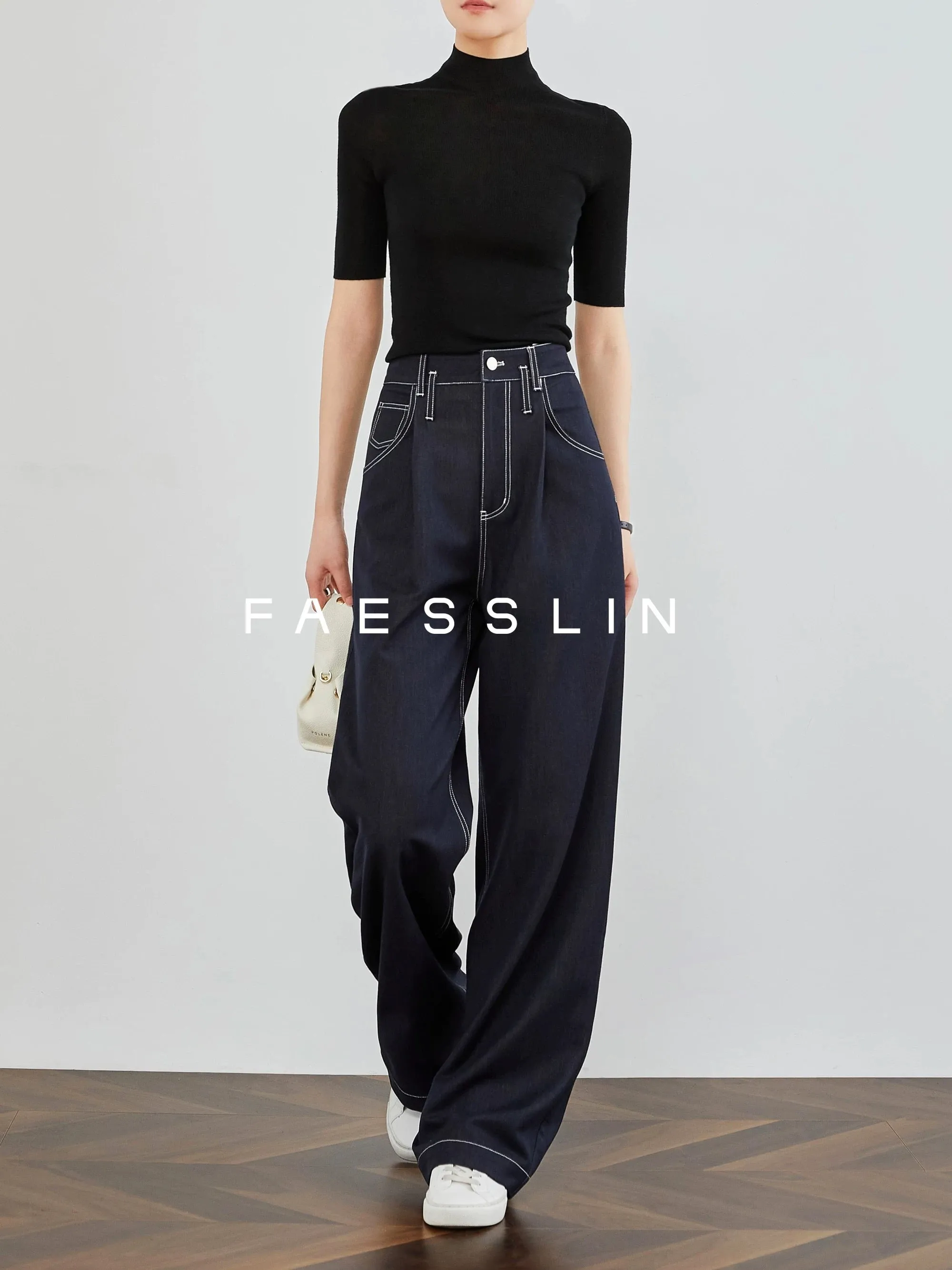 FAESSLIN【Treasure Pants Type】Wide-leg Jeans Women's Summer Thin High-waisted Drape Retro Top-stitch Straight Leg Pants