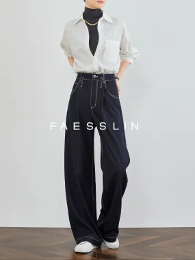 FAESSLIN【Treasure Pants Type】Wide-leg Jeans Women's Summer Thin High-waisted Drape Retro Top-stitch Straight Leg Pants