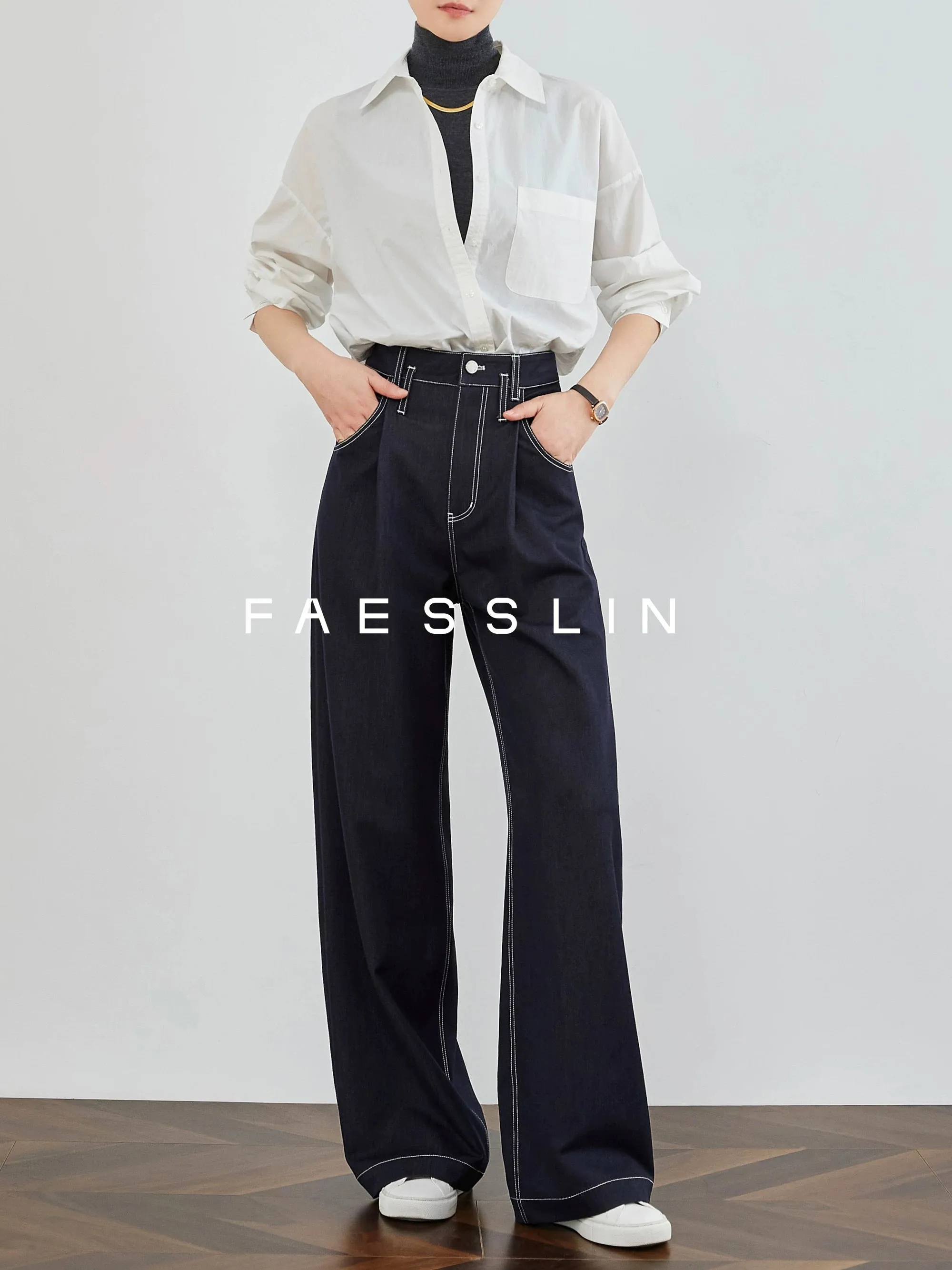 FAESSLIN【Treasure Pants Type】Wide-leg Jeans Women's Summer Thin High-waisted Drape Retro Top-stitch Straight Leg Pants