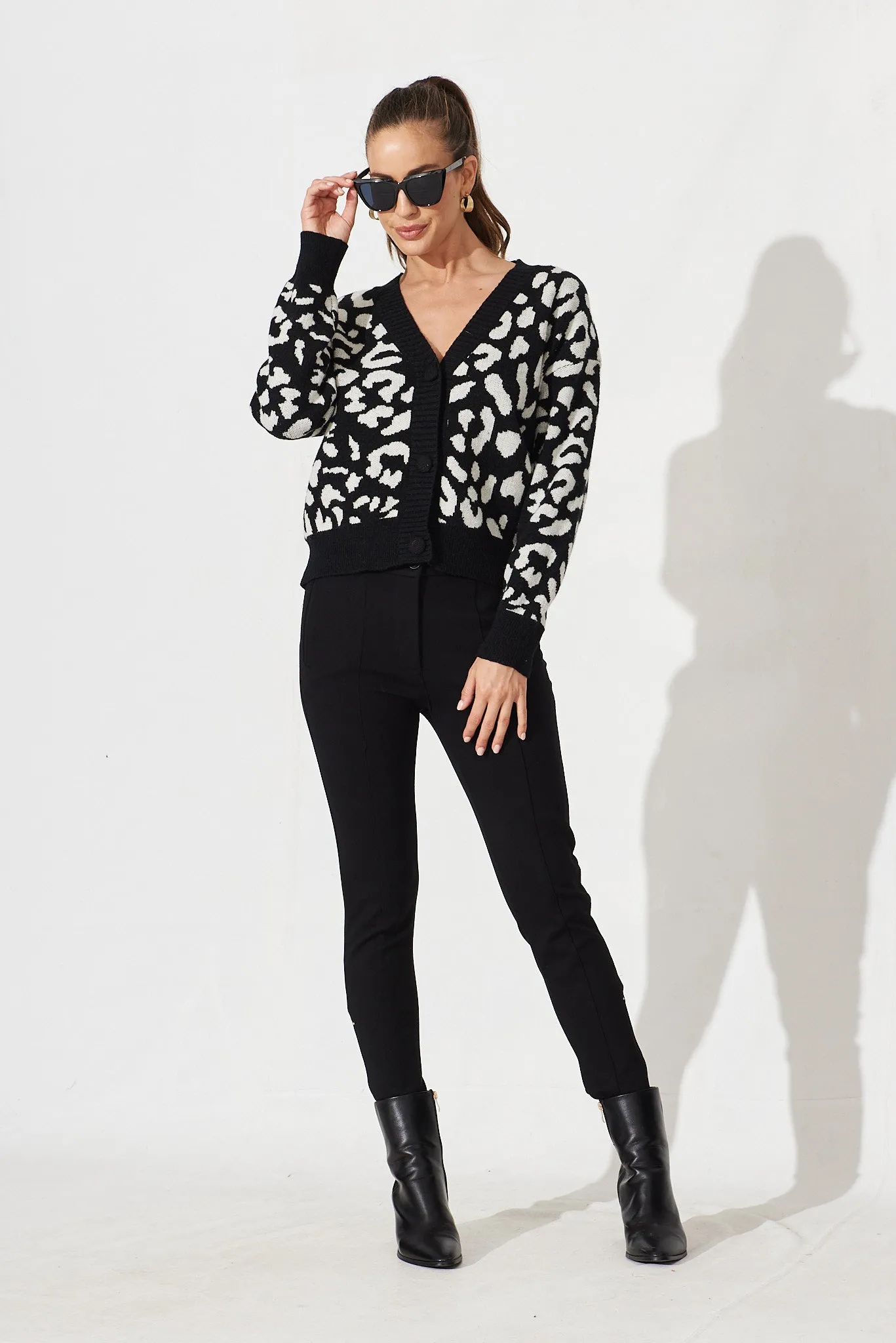 Finsbury Knit Cardigan In Black With White Leopard Wool Blend