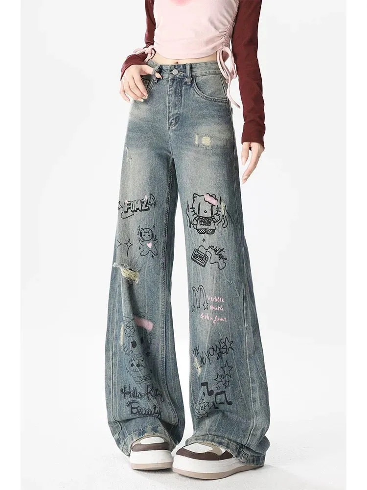 Graffiti Printed Wide Leg Jeans Women's Summer American High Street Washed High Waist Workwear Loose Straight Casual Pants