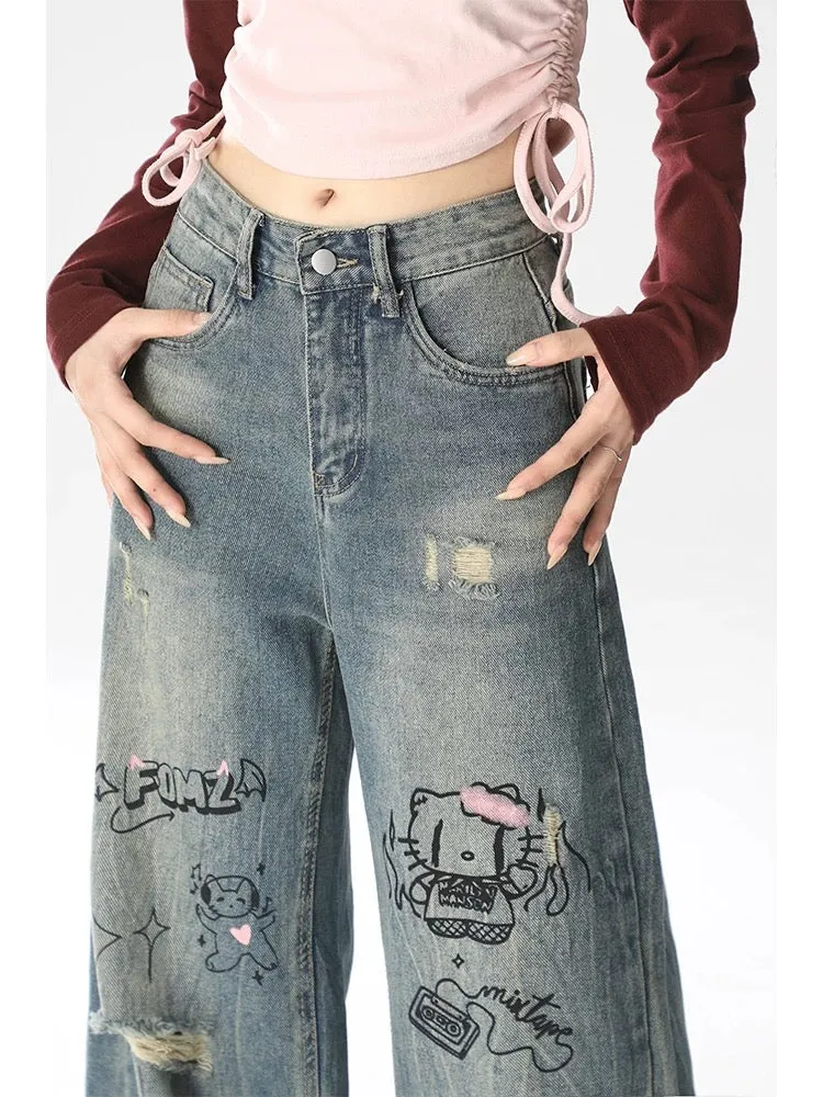 Graffiti Printed Wide Leg Jeans Women's Summer American High Street Washed High Waist Workwear Loose Straight Casual Pants